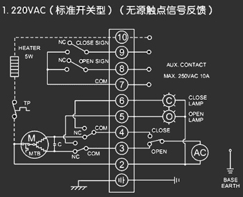 220VAC標準開關(guān)型<a href='http://www.huater.com.cn/Product/diefa/diandongdiefa/' target='_blank'>電動<a href='http://www.huater.com.cn/Product/diefa/' target='_blank'>蝶閥</a></a>接線圖